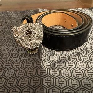 Philipp Plein Black and Silver Belt with Panther Charm